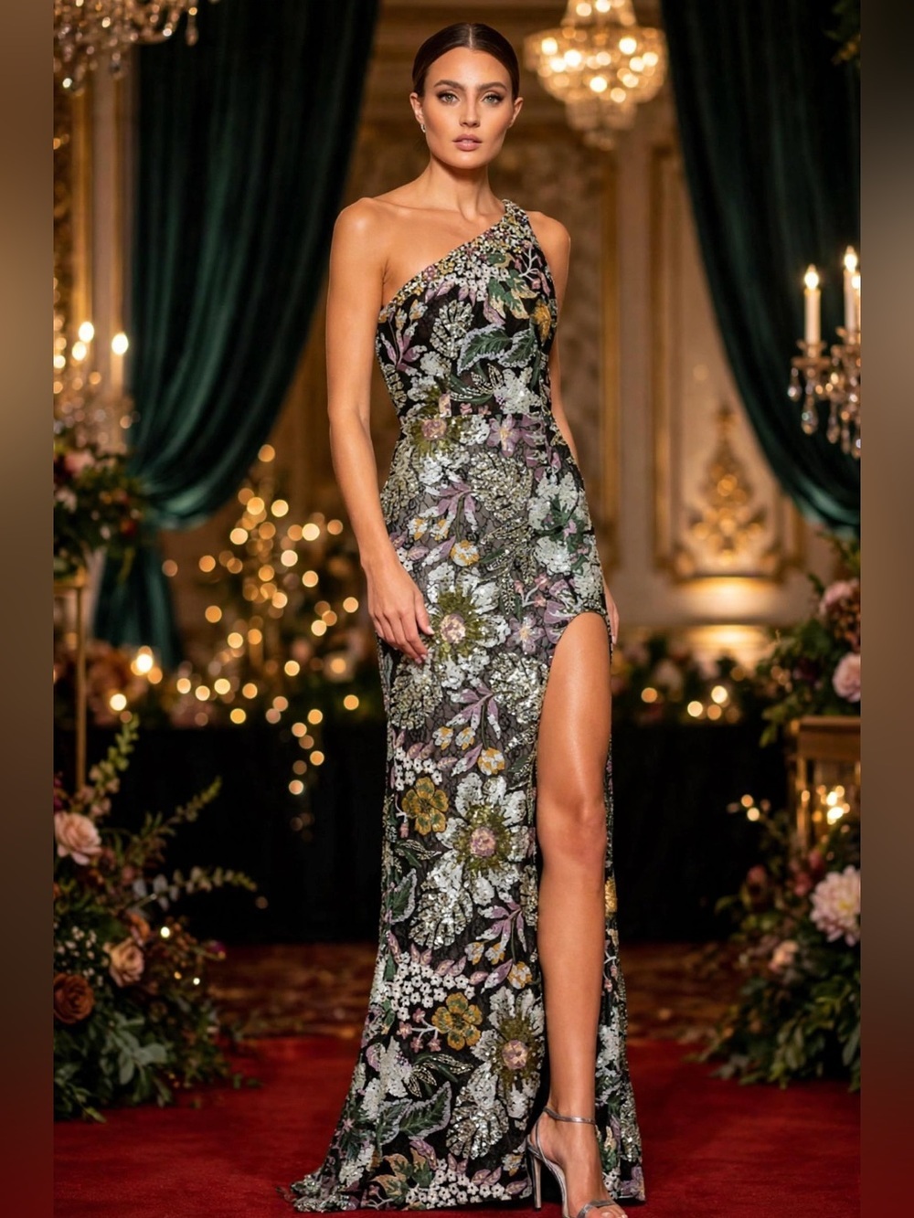 Mac Duggal EMBELLISHED FLORAL ONE SHOULDER GOWN botanical print size 12 NWT